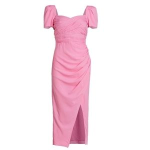 Barbiecore Pink Midi Dress - Sweetheart Neckline & Puff Sleeves